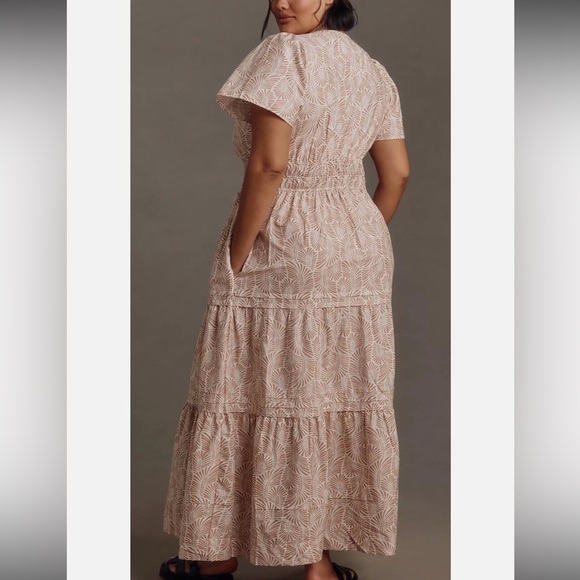 Anthropologie The Somerset Maxi Dress Print Smocked Brown Ivory Sand 2X - Picture 3 of 13